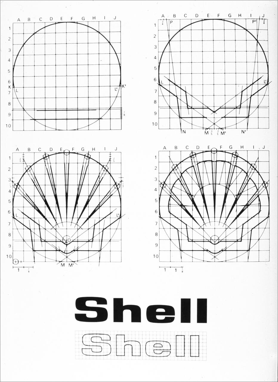 Geometric diagrams illustrate the design process of a shell logo, featuring grids and construction lines. Two versions of the word "Shell" appear below, one in bold black font and the other outlined on a grid background.