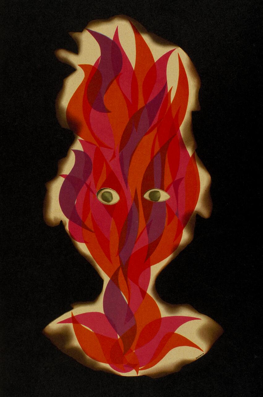 Abstract artwork of overlapping red and purple flame shapes forming a face with two eye-like circles, set against a black background.