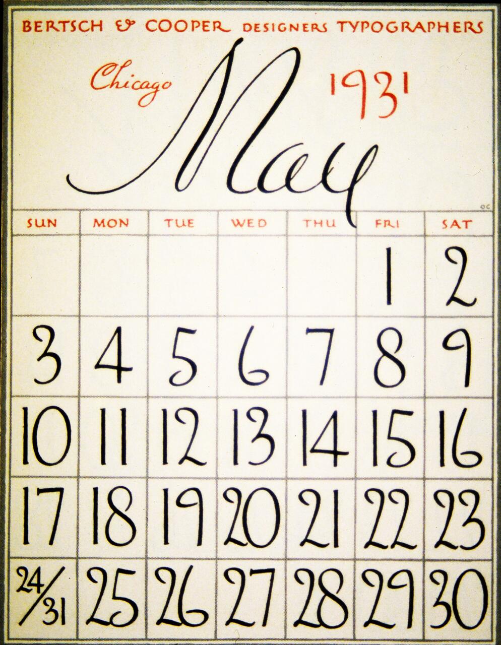May 1931 calendar by Bertsch & Cooper, featuring elegant typography. Days of the week are listed at the top in red, and dates are in large black numbers.