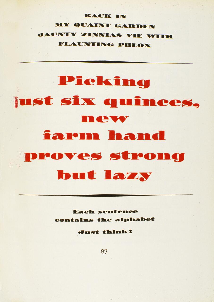 Text art displaying sentences that mention the alphabet, in varying font sizes and colors, centered on a white background.