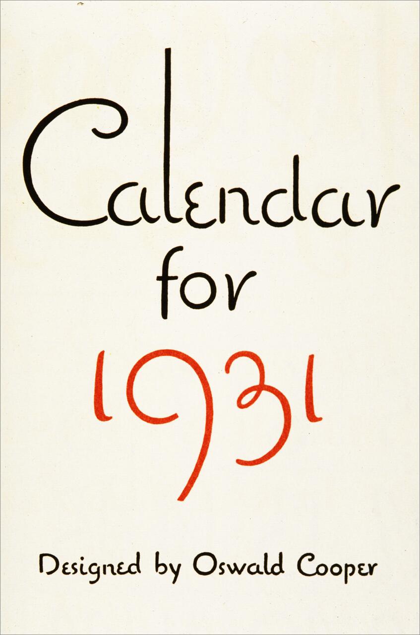 Calendar cover with elegant lettering in black and red for 1931, designed by Oswald Cooper.