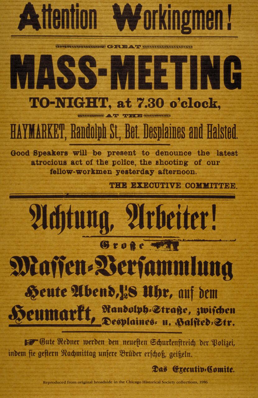 Broadside in English and German announces a mass meeting at Haymarket, Chicago, to protest a police shooting. Text emphasizes workingmen, scheduled for tonight, 7:30 PM.