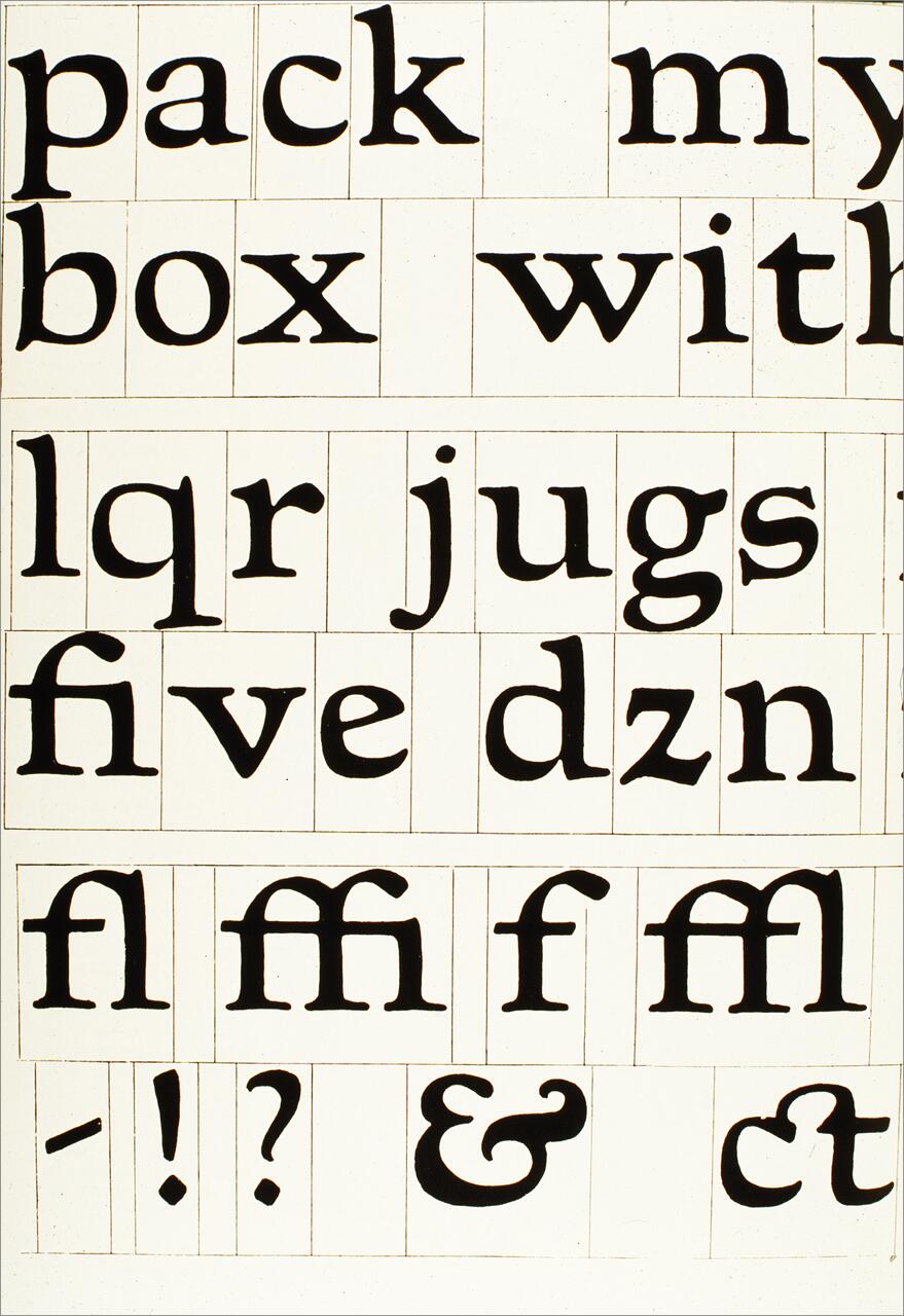 Graphic displaying stylized text and punctuation with phrases like "pack my box with five dzn lqrs" and various symbols such as "&" and "!?".