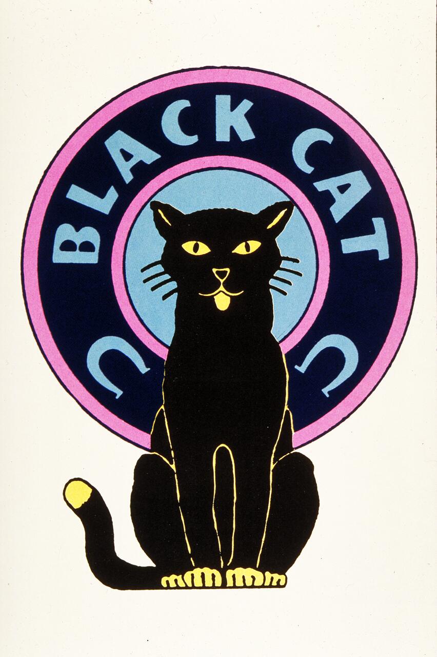 A vintage-style logo featuring a black cat sitting upright with its tail curled. The cat is centered in front of a circle with the words "BLACK CAT" in bold letters. The design includes pink, blue, and black colors.