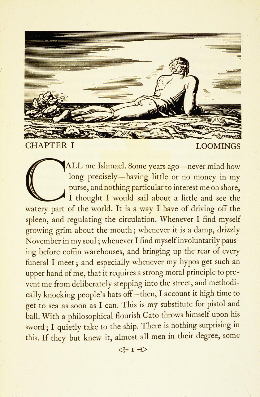 A man reclines on a rocky shore, gazing out at the sea under a sky filled with clouds. The page is decorated with the beginning of the text "Call me Ishmael" from the first chapter of "Moby-Dick."