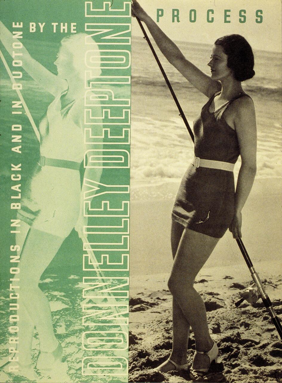 Woman in vintage swimsuit holding a fishing rod on the beach, with a reflection in a tinted, stylized effect. Text overlay includes "Donnelley Deeptone Process."