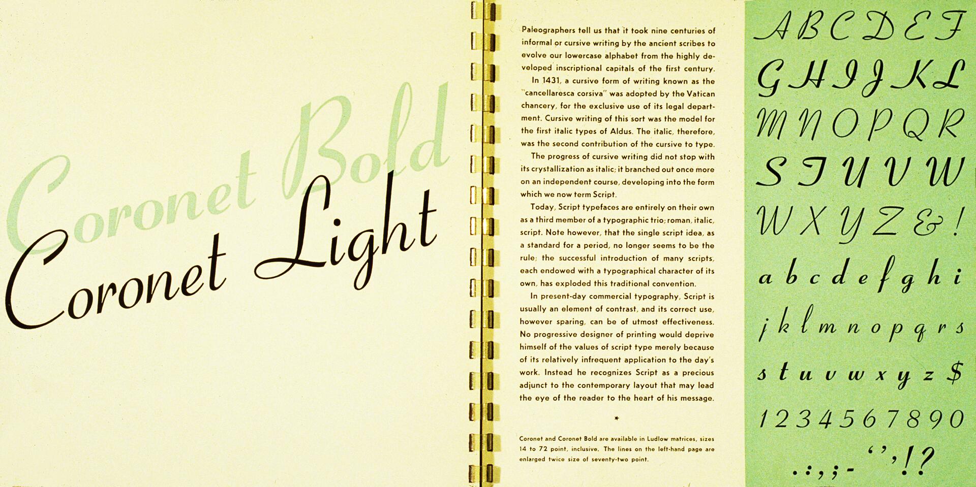 Vintage typography advertisement featuring "Coronet Bold" and "Coronet Light" in elegant script. Includes an excerpt about the history and application of script fonts. Right panel displays uppercase and lowercase alphabet along with numbers and punctuation in the same style.