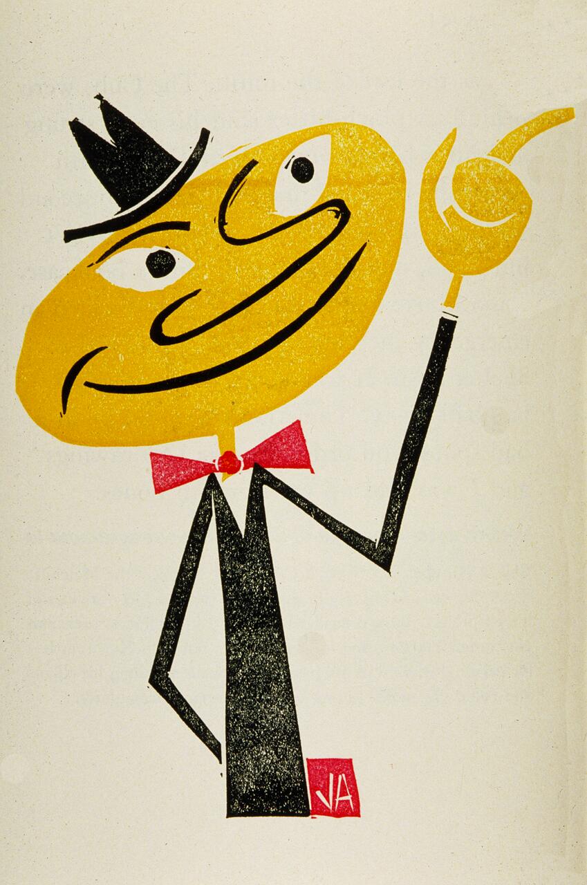 A stylized illustration of a character with a yellow oval face, large eyes, and a wide smile, wearing a black hat and red bow tie. The character is pointing upward with a confident expression and has a tall, thin black body.