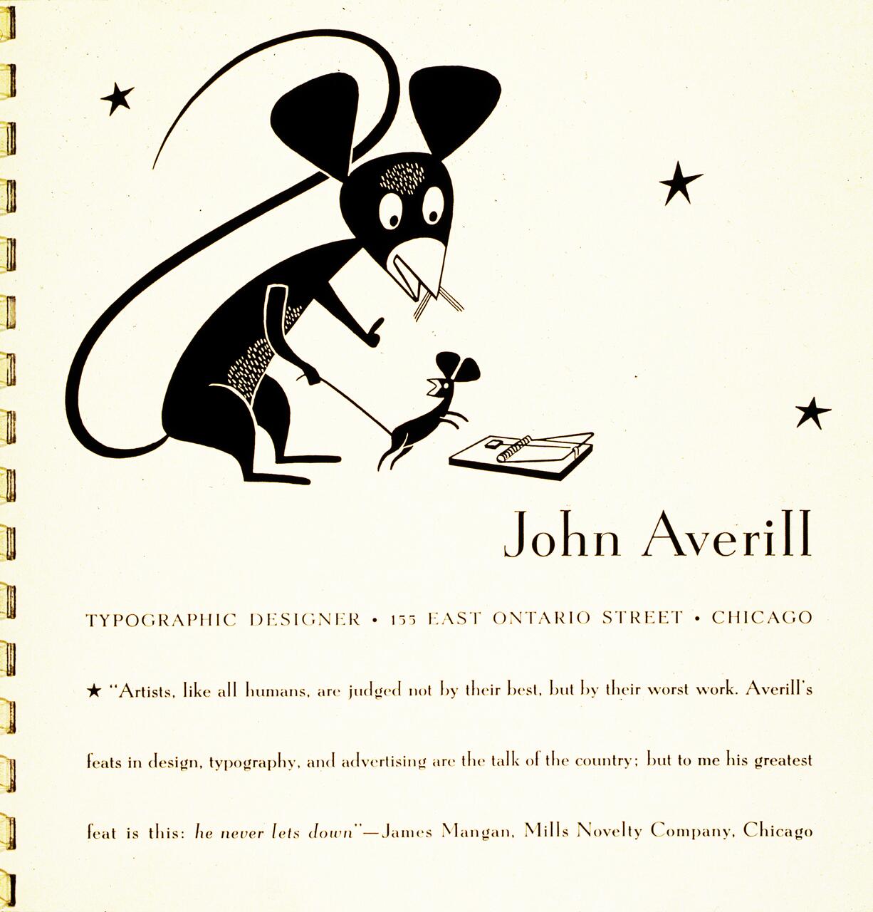 Cartoon illustration of a large mouse holding a pencil, with a small mouse pointing at a labeled notebook. Stars are scattered around the scene. Text displays "John Averill," with additional promotional details beneath.