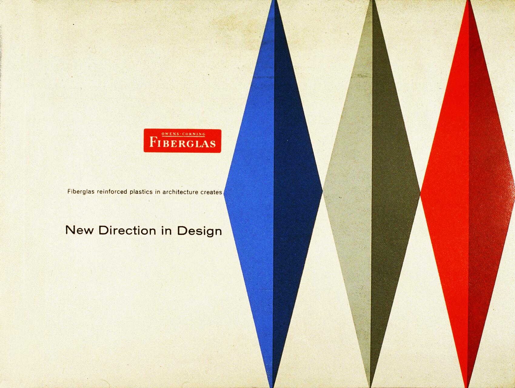 Colorful geometric shapes in blue, gray, and red form elongated diamonds on the right against a cream background. A red "Fiberglas" logo is on the left with text about design innovation in architecture.