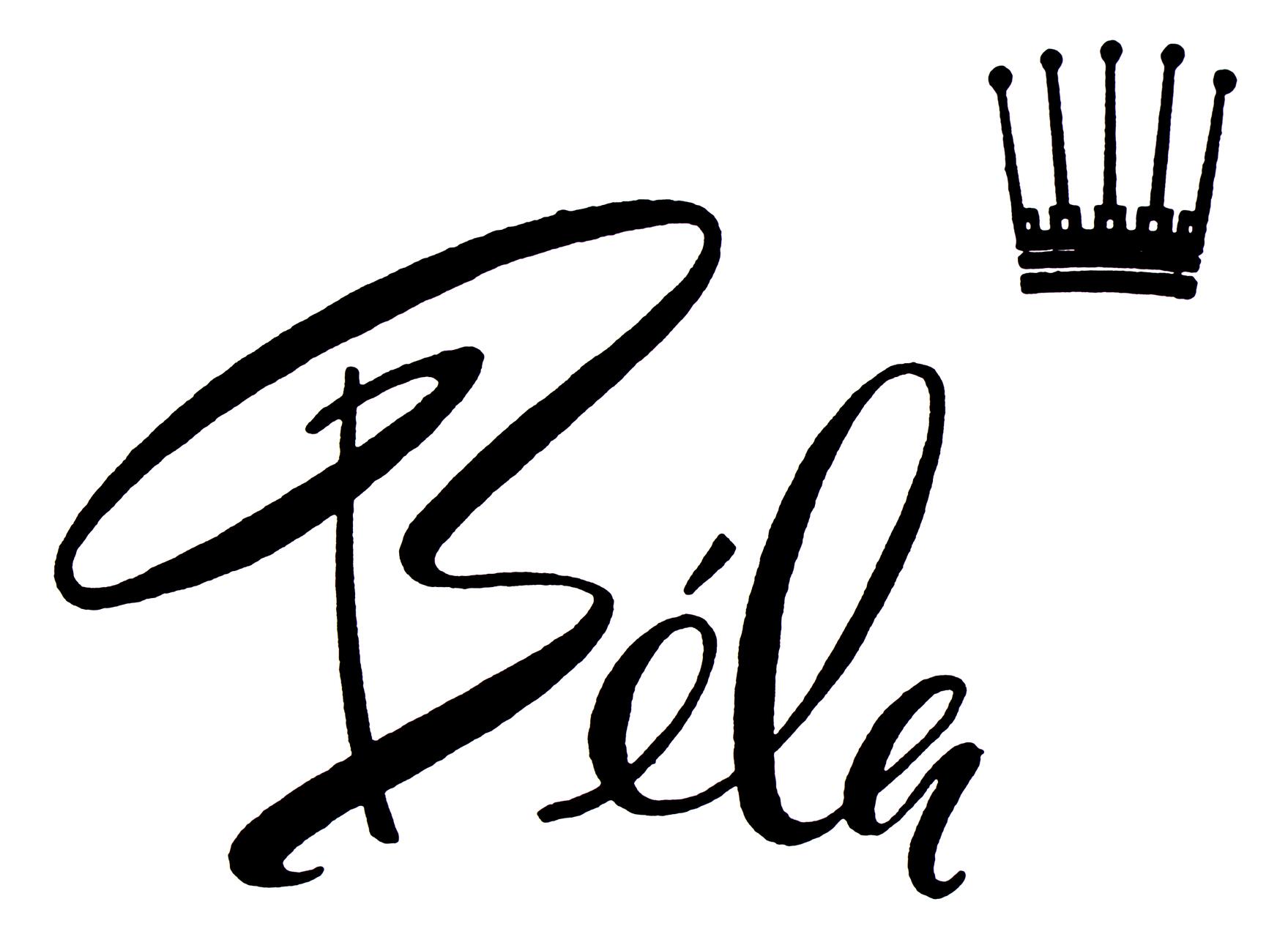 The word "Béla" is written in elegant script next to a simple black crown illustration, on a white background.