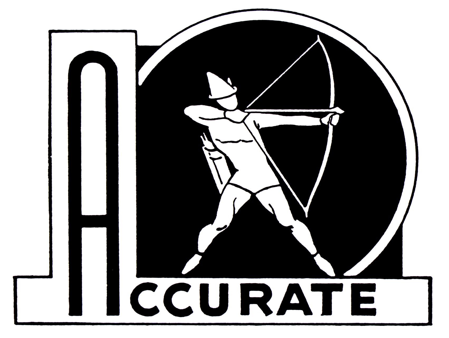 Logo featuring an archer drawing a bow within a circle, with the word "Accurate" below. The design combines bold and thin lines, black and white contrast, and a stylized letter "A" on the left.