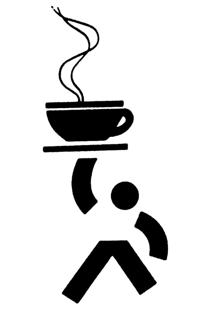 Stylized graphic of a figure holding a steaming cup of coffee aloft with one arm.
