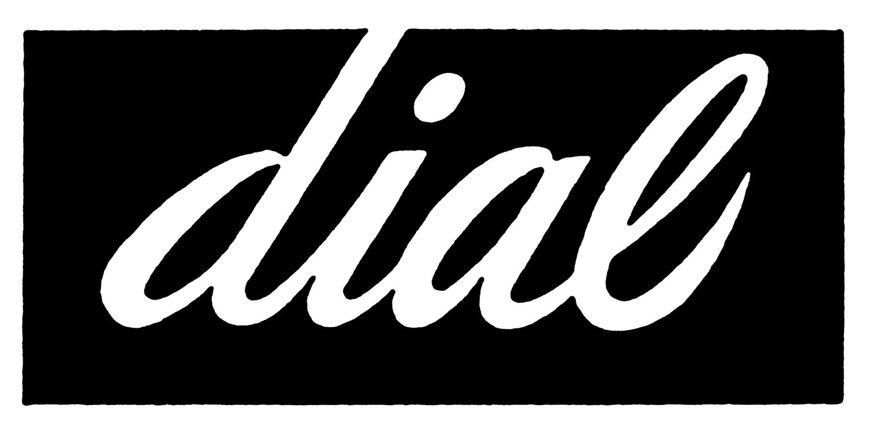 "Dial" written in white script on a black rectangle background, logo design.