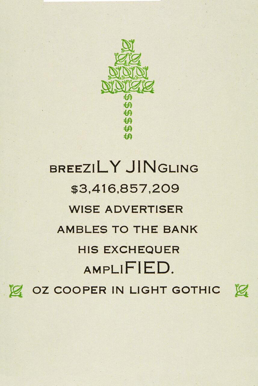 A green abstract tree design composed of decorative motifs and dollar signs above black text highlighting a financial-themed message in various font sizes. It features dollar amounts and mentions "Oz Cooper in Light Gothic" at the bottom, with small green motifs on corners.