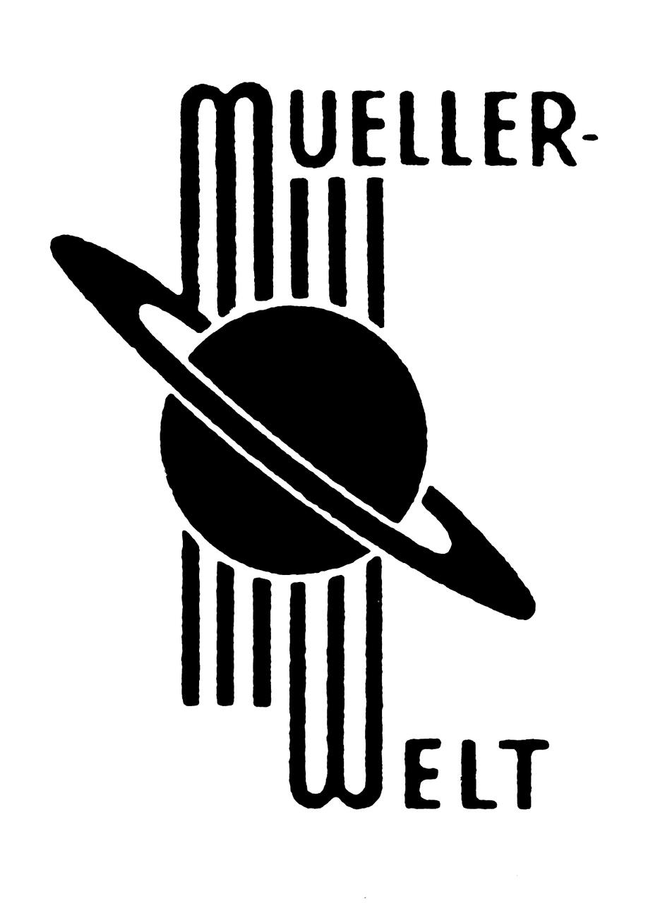 Black and white logo with a stylized planet with rings, surrounded by vertical lines, and the text "MUELLER-WELT."