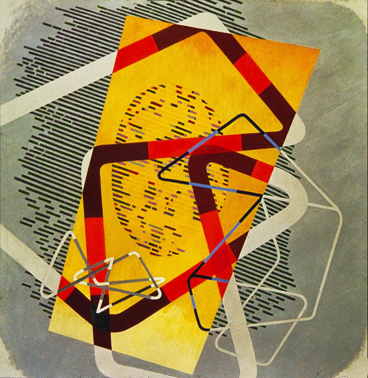 Abstract painting with overlapping geometric shapes, including a large yellow rectangle with red and dark lines, and layered blue and white outlines, set against a textured gray background.