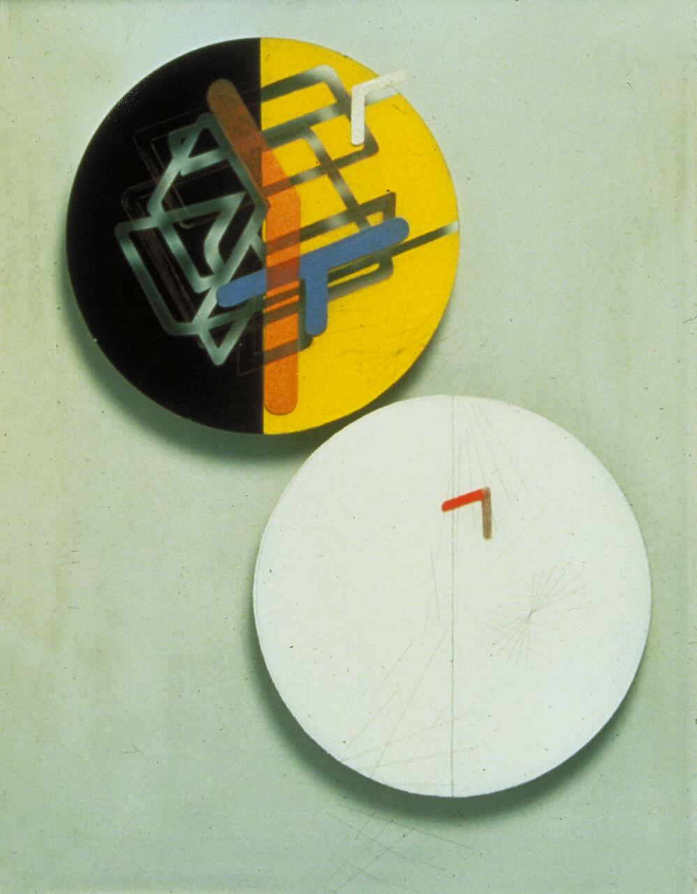 Two circular abstract artworks. The top circle is half black, half yellow with layered geometric shapes in blue, orange, and white. The bottom circle is plain white with subtle lines and a small red angle. Both sit against a light gray background.