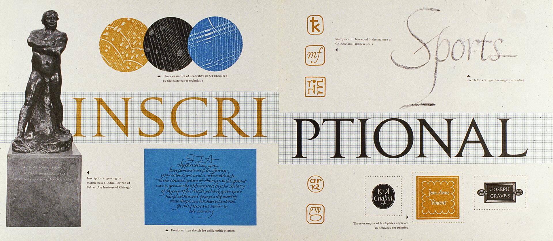 Decorative graphic featuring a statue on the left and various typography samples, including calligraphy and engraved bookplates. Bold yellow letters form part of the word "Inscriptional" across a grid background. Round decorative paper samples appear at the top.