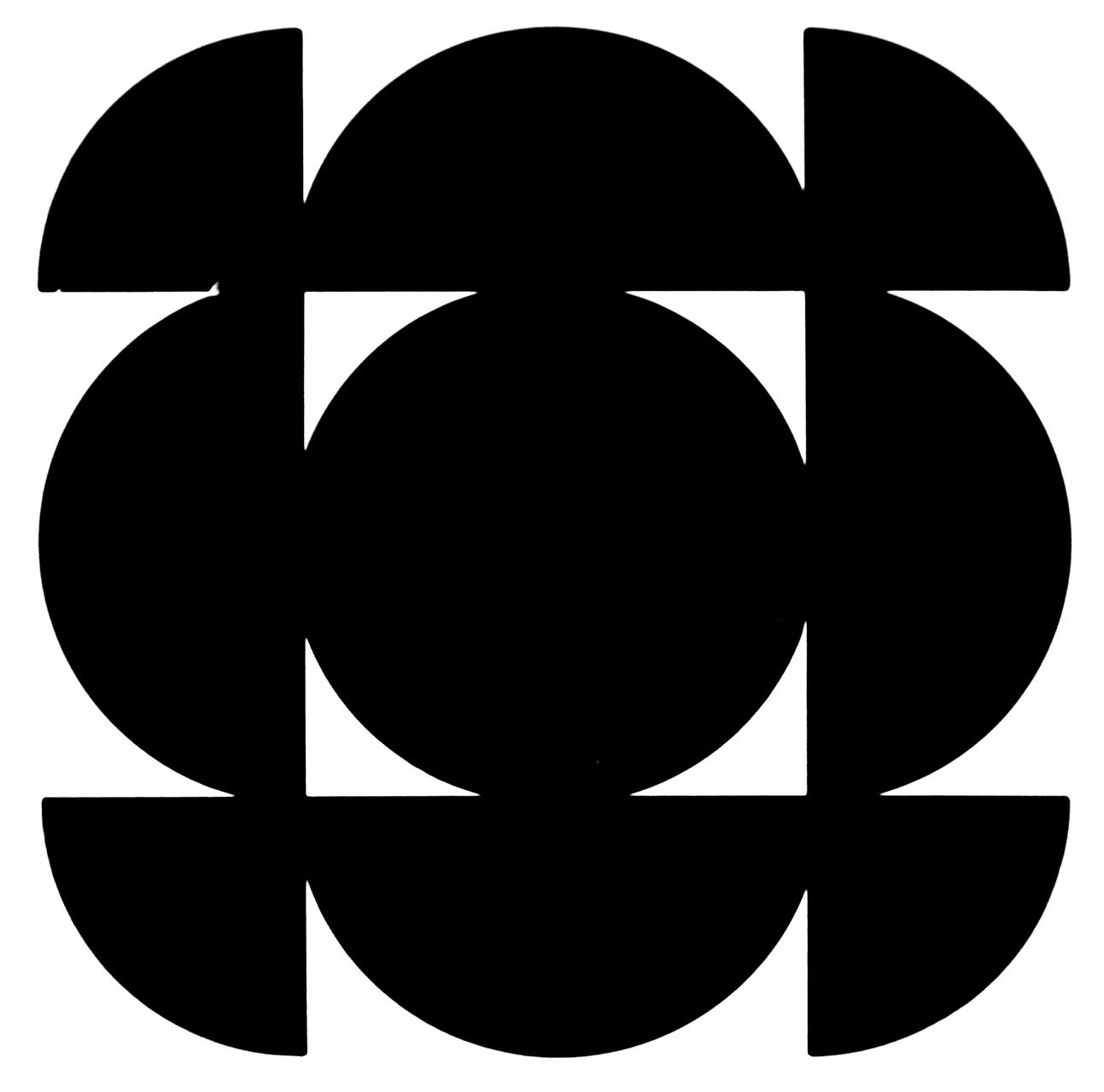 Black abstract geometric logo with a central circle, surrounded by smaller quarter-circle shapes, creating a symmetrical design against a white background.