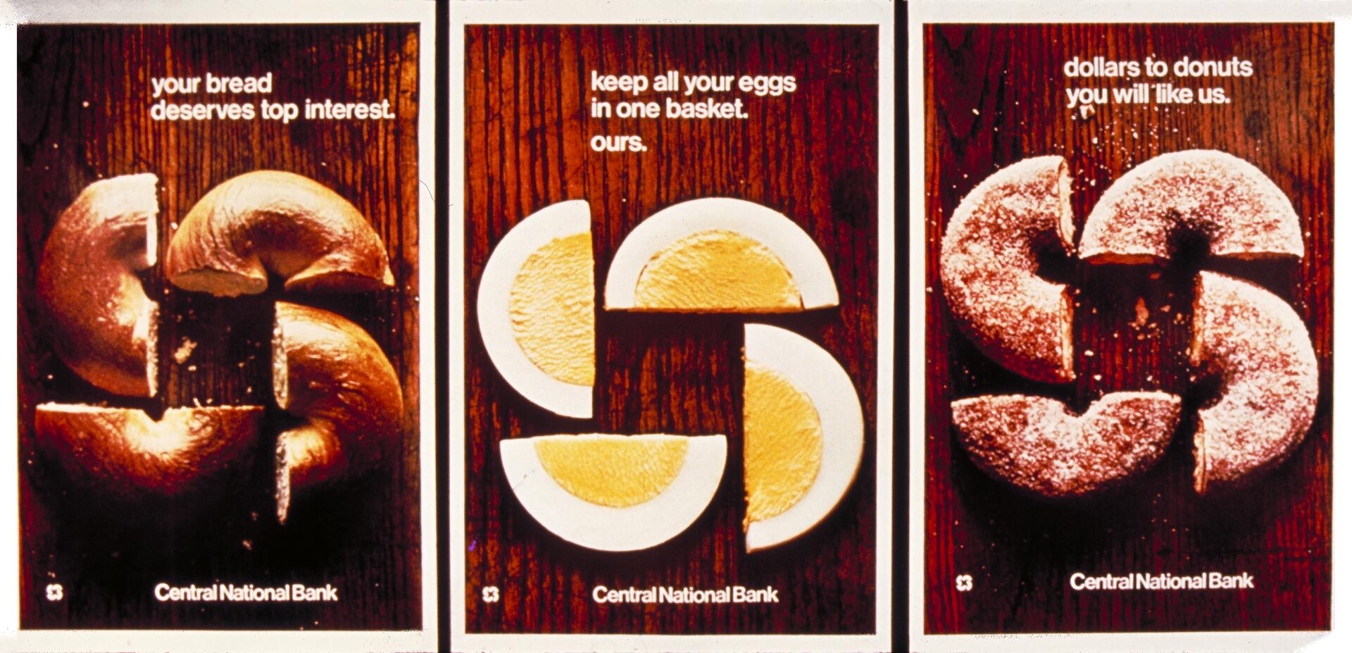 Three posters for Central National Bank featuring circular foods—bagels, egg slices, and powdered donuts—arranged to mimic the bank's logo on a wood surface.