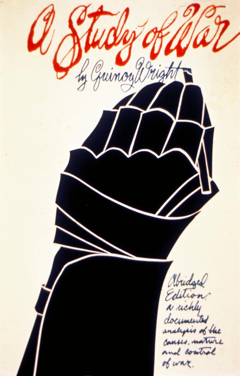 Stylized book cover illustration showing a black silhouette of a clenched fist wrapped in binding straps. The title "A Study of War" is written in red cursive at the top with additional text in black below it.