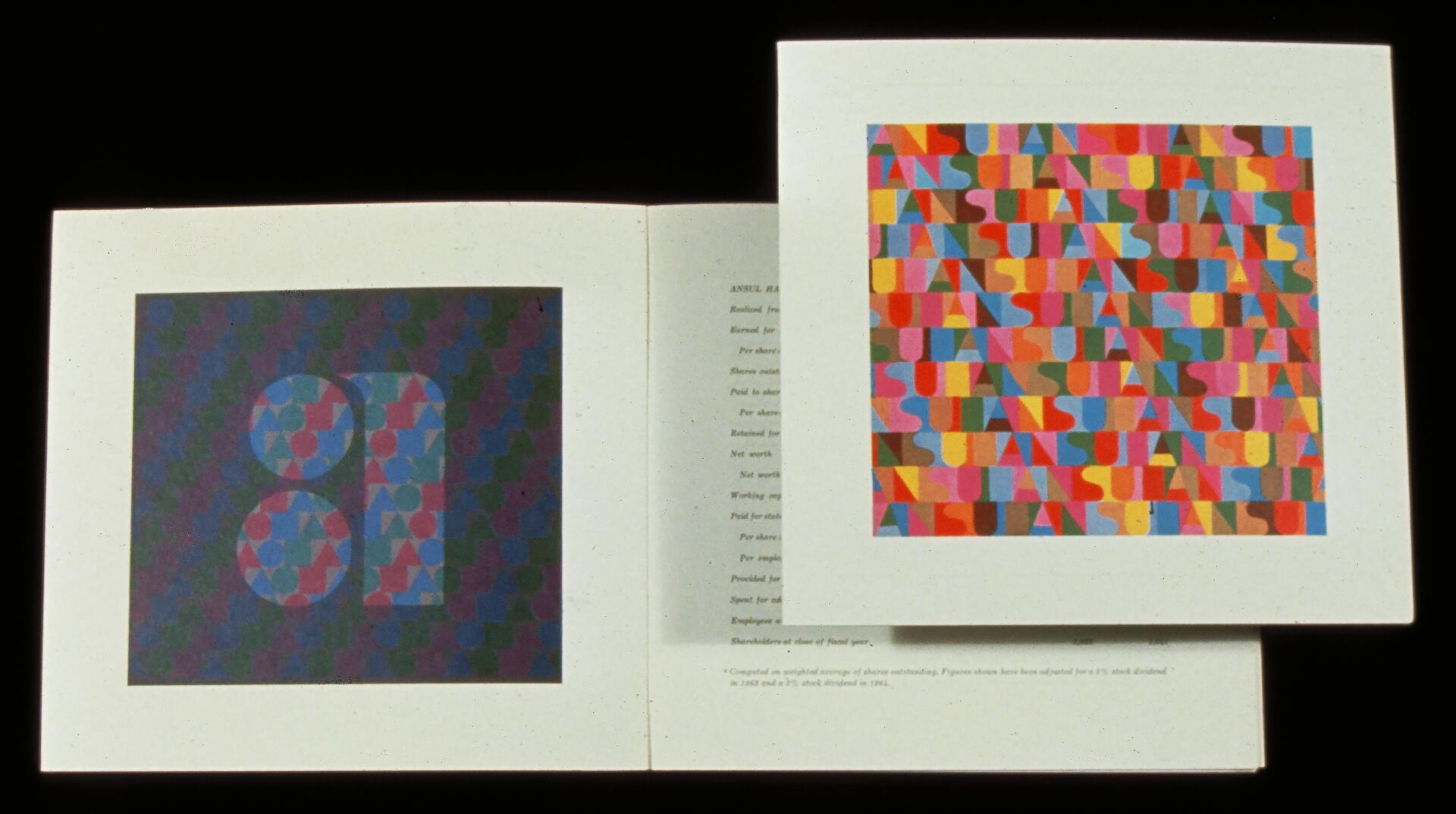 Two open pages with colorful geometric designs. The left page features abstract shapes in muted colors, while the right displays a vibrant pattern with overlapping letters in various hues.