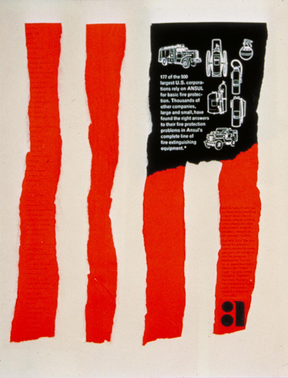 Abstract graphic with red vertical stripes on white background. A black rectangle on the right features white line drawings of fire safety equipment and text.