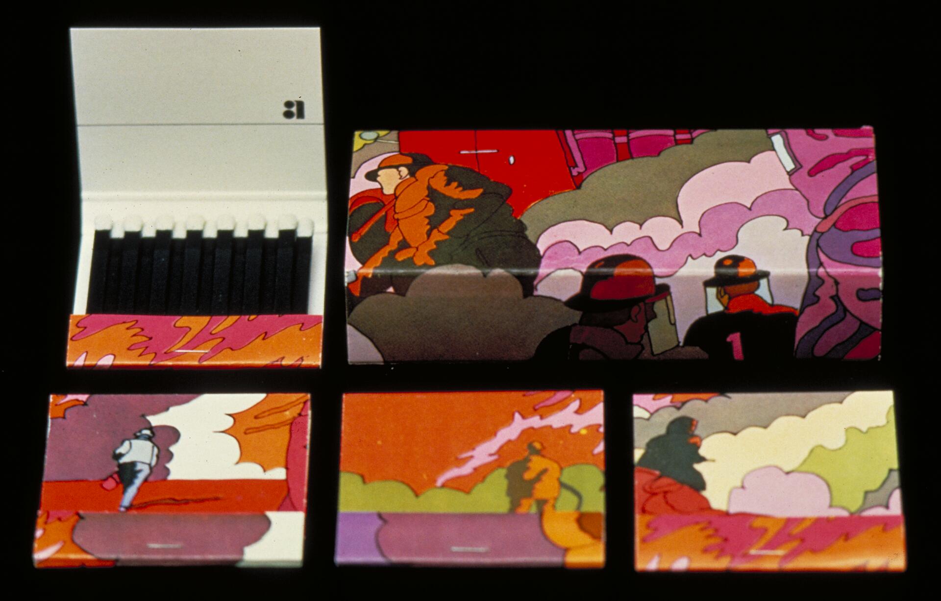 Colorful matchboxes with cartoon imagery depicting firefighters and smoke in vibrant hues of orange, pink, and red. The design is split across several matchbooks, each showing parts of the scene, including silhouettes and colorful smoke.