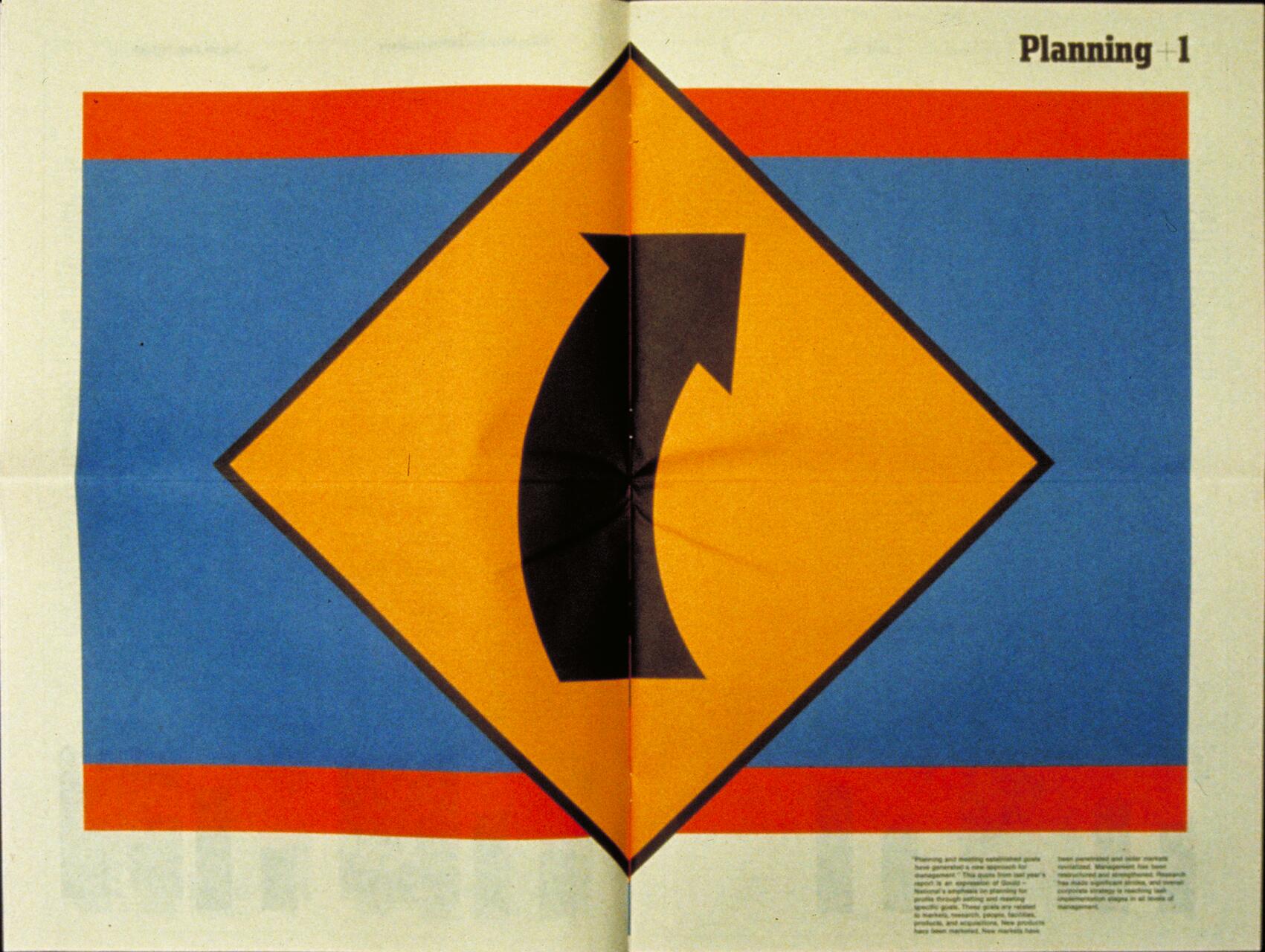 Graphic of a black arrow on a yellow diamond with blue and orange stripes in the background, titled "Planning."