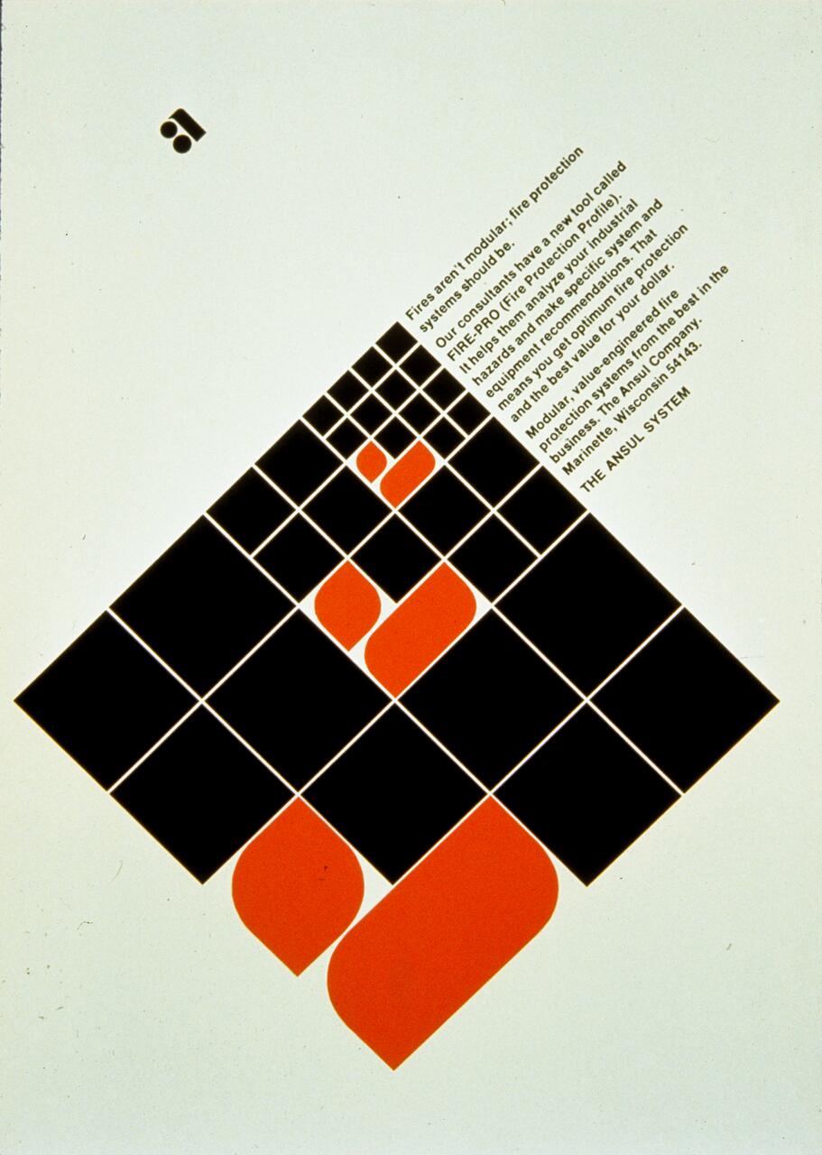 Abstract graphic with black and orange tiles arranged diagonally, resembling stylized flames. Text runs alongside in a slanted format.