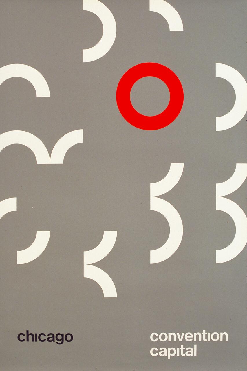 Gray graphic with white semi-circular shapes and a central red circle. Text reads "chicago convention capital" in black and white.