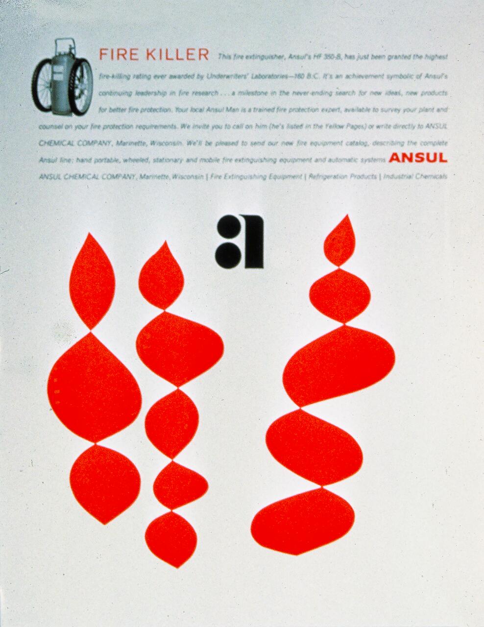 Promotional graphic with the words "Fire Killer" and orange flame-like patterns on a white background, featuring a logo and contact details for Ansul Chemical Company.
