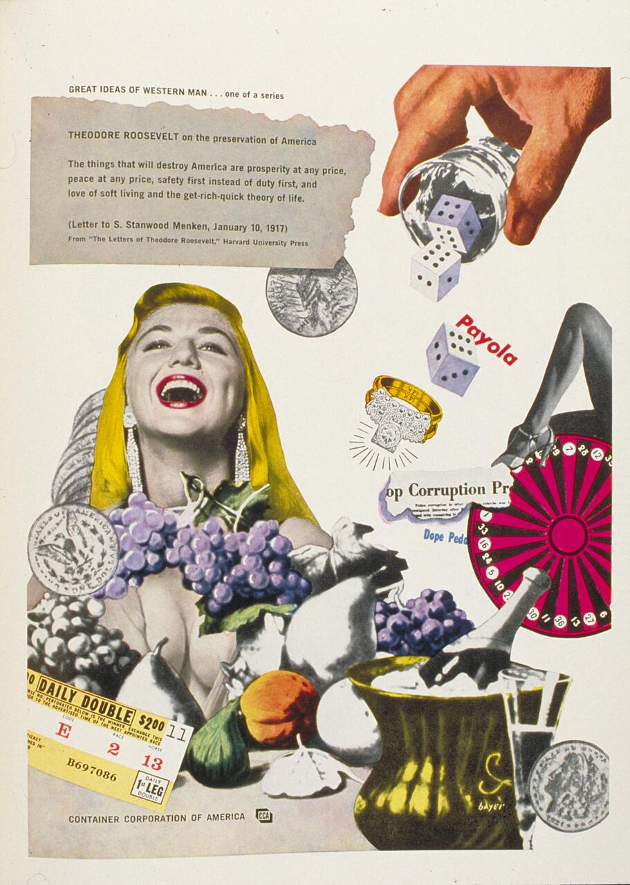 A colorful collage featuring a smiling woman wearing a yellow headscarf, grapes, a hand pouring dice labeled "Payola," money, and vintage illustrations. The collage integrates political and economic themes with playful elements.