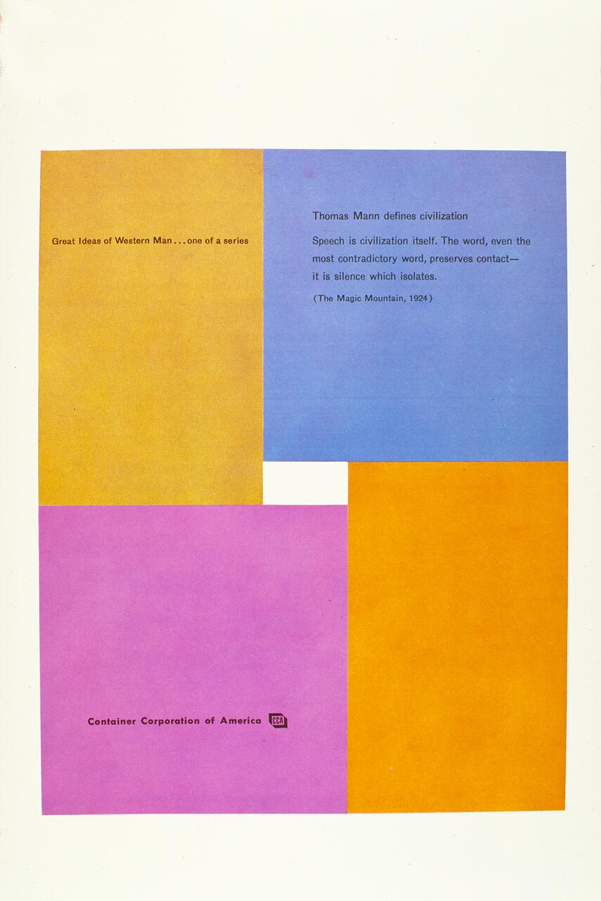 Colorful geometric graphic with blocks of yellow, blue, and pink. Text on the blue block includes a quote from Thomas Mann's "The Magic Mountain." Bottom pink section reads "Container Corporation of America."