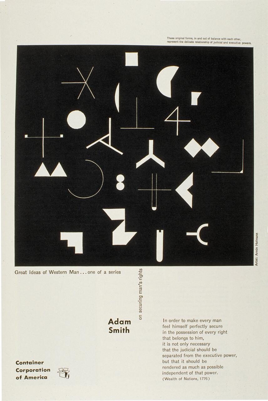 Geometric shapes on a black background, each varying in size and design. Below, text from Adam Smith discusses judicial independence. Container Corporation of America logo in the bottom left.