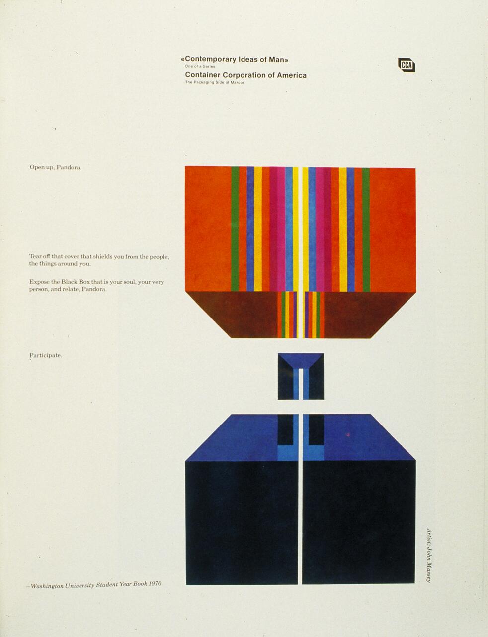 Colorful abstract artwork featuring stacked geometric shapes. The top section has vertical multicolored stripes in a brown box, while the lower sections are predominantly blue and black cubes. Accompanied by text on a white background.