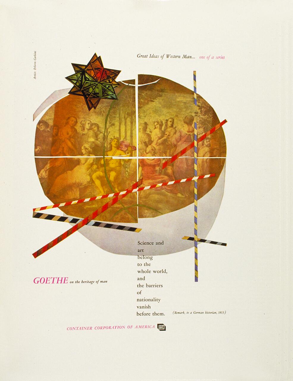 Abstract graphic featuring an ornate star shape, classical painting segments with human figures, and colorful striped lines crossing over. Text includes "Great Ideas of Western Man" and quotes from Goethe. Presented by Container Corporation of America.
