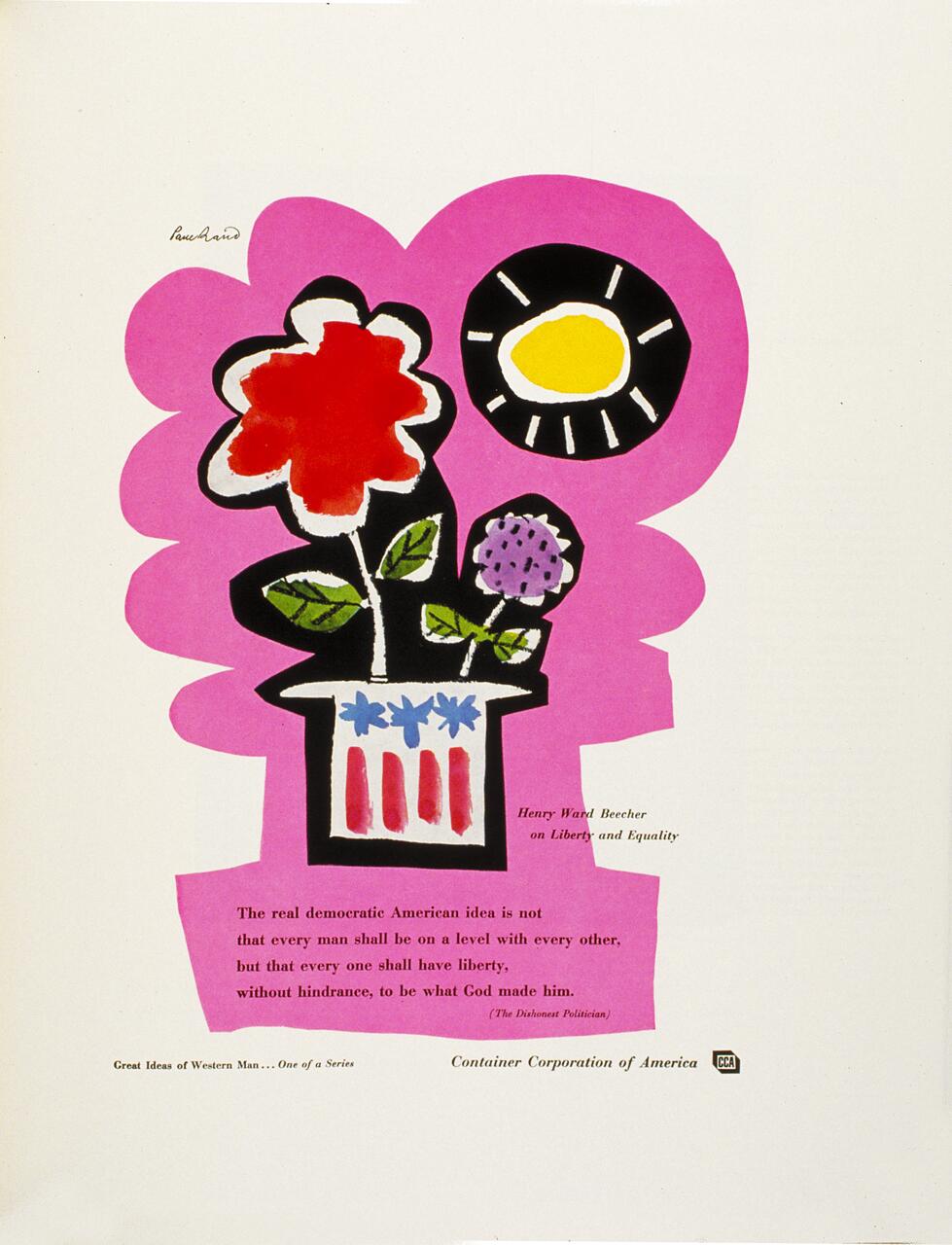 Colorful illustration featuring a red flower in a striped vase against a pink background with a stylized yellow sun. Includes text: "Henry Ward Beecher on Liberty and Equality" and a quote about the American idea of liberty from "The Dishonest Politician."