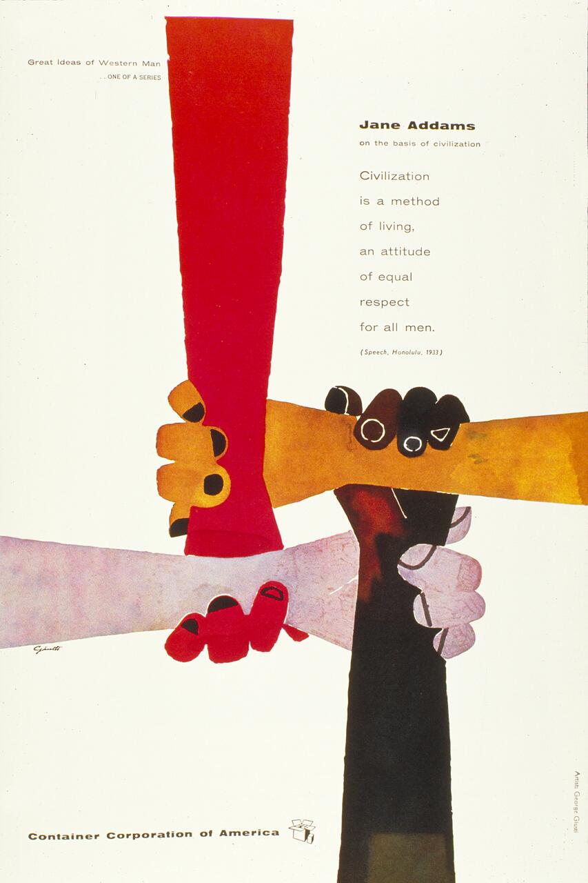 Four hands of different skin tones holding one another, forming a cross-like shape. A quote by Jane Addams about civilization and equal respect for all men appears on the right side. The graphic is by Container Corporation of America.