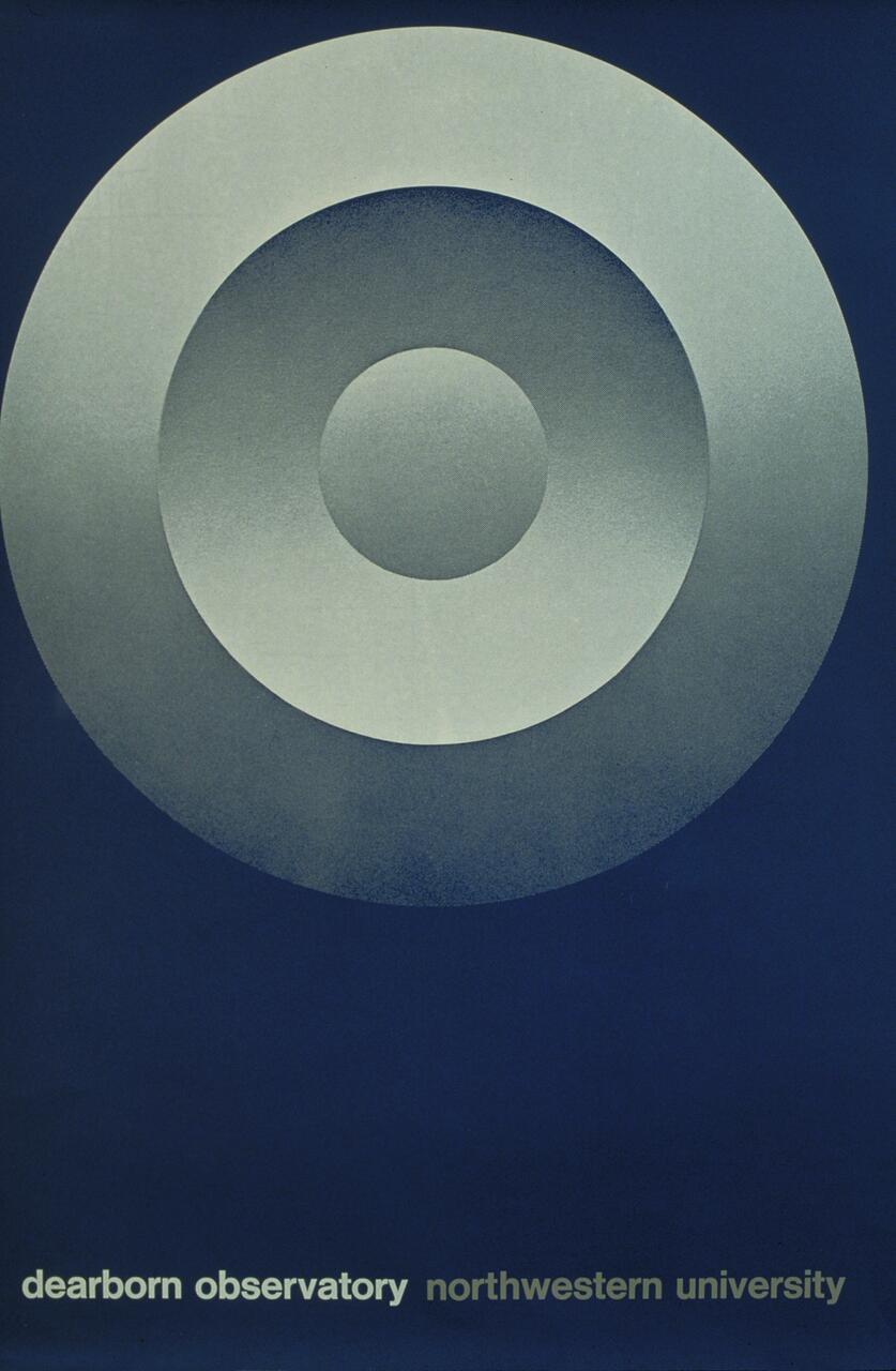 Abstract graphic design with concentric circles in shades of blue and gray on a deep blue background. Text at the bottom reads "dearborn observatory northwestern university" in white and gray letters.