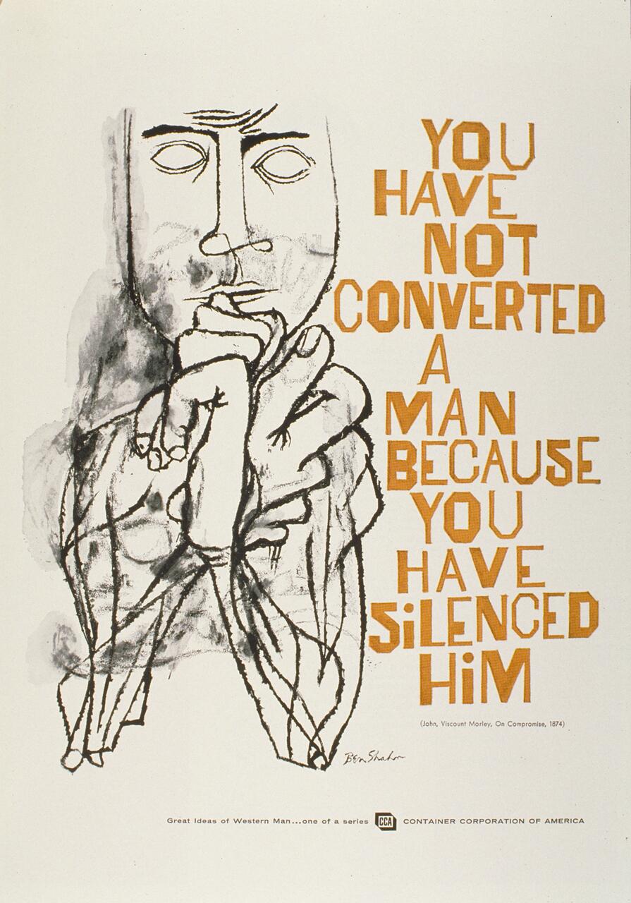 A stylized black and white sketch of a contemplative person with text in orange saying, "You have not converted a man because you have silenced him."