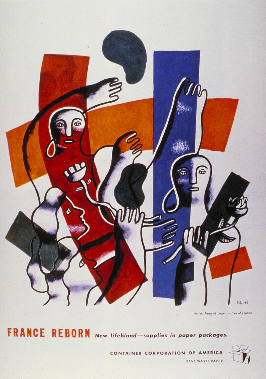 Abstract artwork by Fernand Léger with stylized human figures in red and blue tones, set against geometric shapes. The composition includes bold outlines and dynamic forms, suggesting movement and energy.