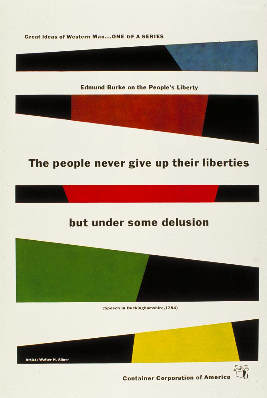 Text-based graphic featuring quotes about liberty from Edmund Burke, with geometric shapes in blue, red, green, and yellow against a white background. Created by artist Walter H. Allner for Container Corporation of America.