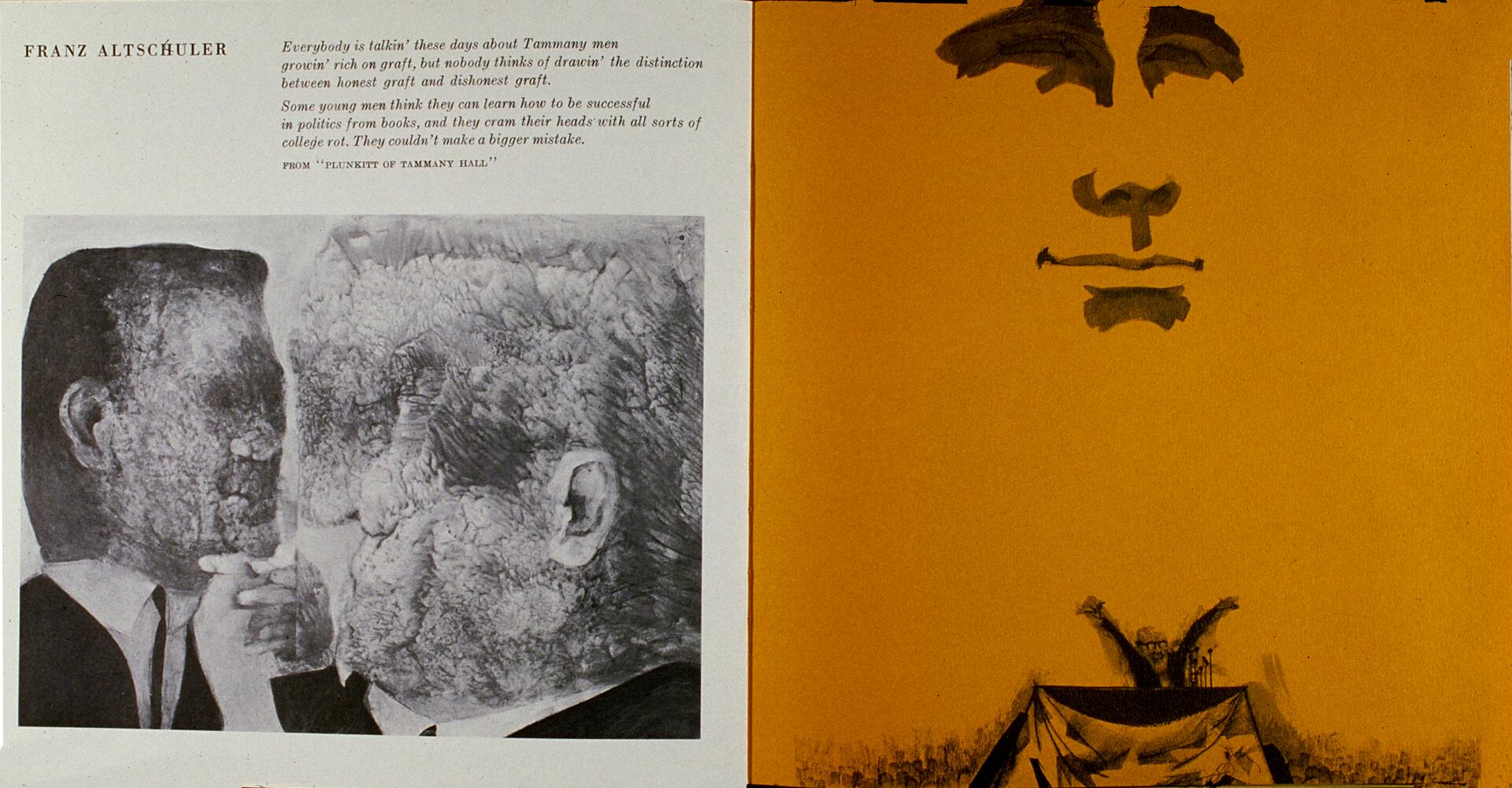 On the left, a textured black-and-white photograph shows two men facing each other with distorted faces. On the right, a minimalistic sketch on a yellow background features floating facial features above a crowd with outstretched arms.
