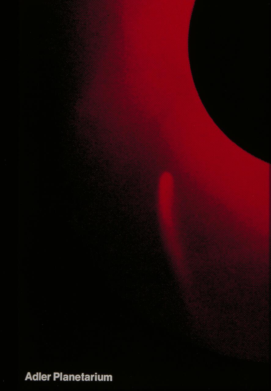 Abstract red and black graphic resembling a solar eclipse with a prominent red glow. Text reads "Adler Planetarium" in the bottom left corner.