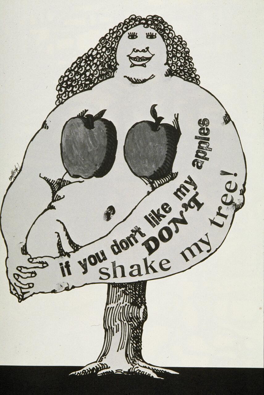 A black and white cartoon drawing of a woman with a tree trunk as her lower body. She has apples as breasts and holds her stomach, featuring text integrated into the design.