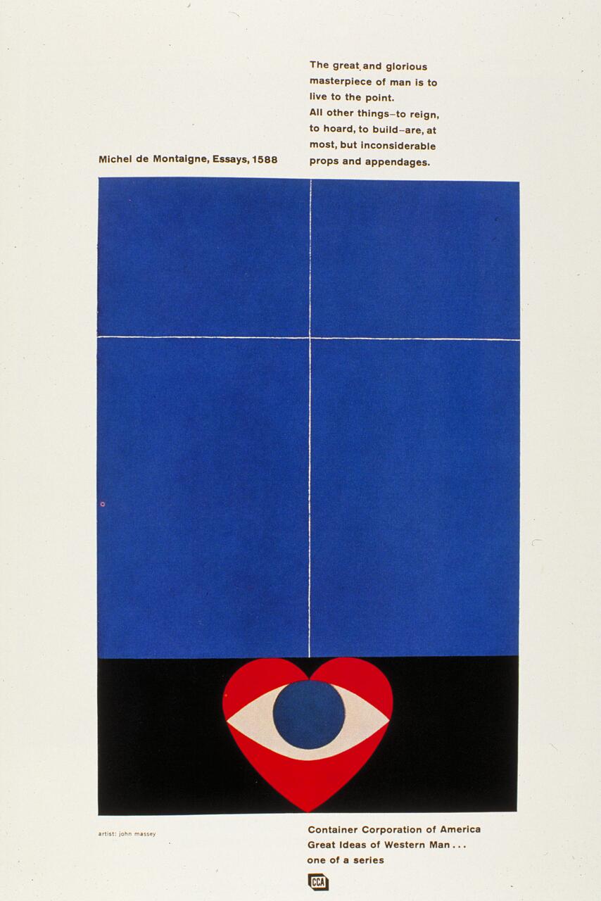 Abstract graphic with a red heart shape containing an eye on a black background. A large blue square with white grid lines is above. Text to the right includes a quote by Michel de Montaigne. Part of the "Great Ideas of Western Man" series by the Container Corporation of America.