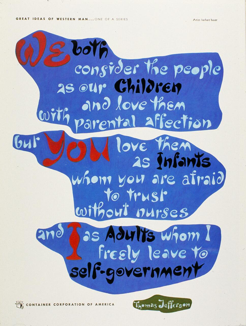 Text in abstract shapes on a blue background quotes Thomas Jefferson about leadership, differentiating between treating people as children, infants, and adults. The words vary in color and style, emphasizing the contrasts in leadership approach.