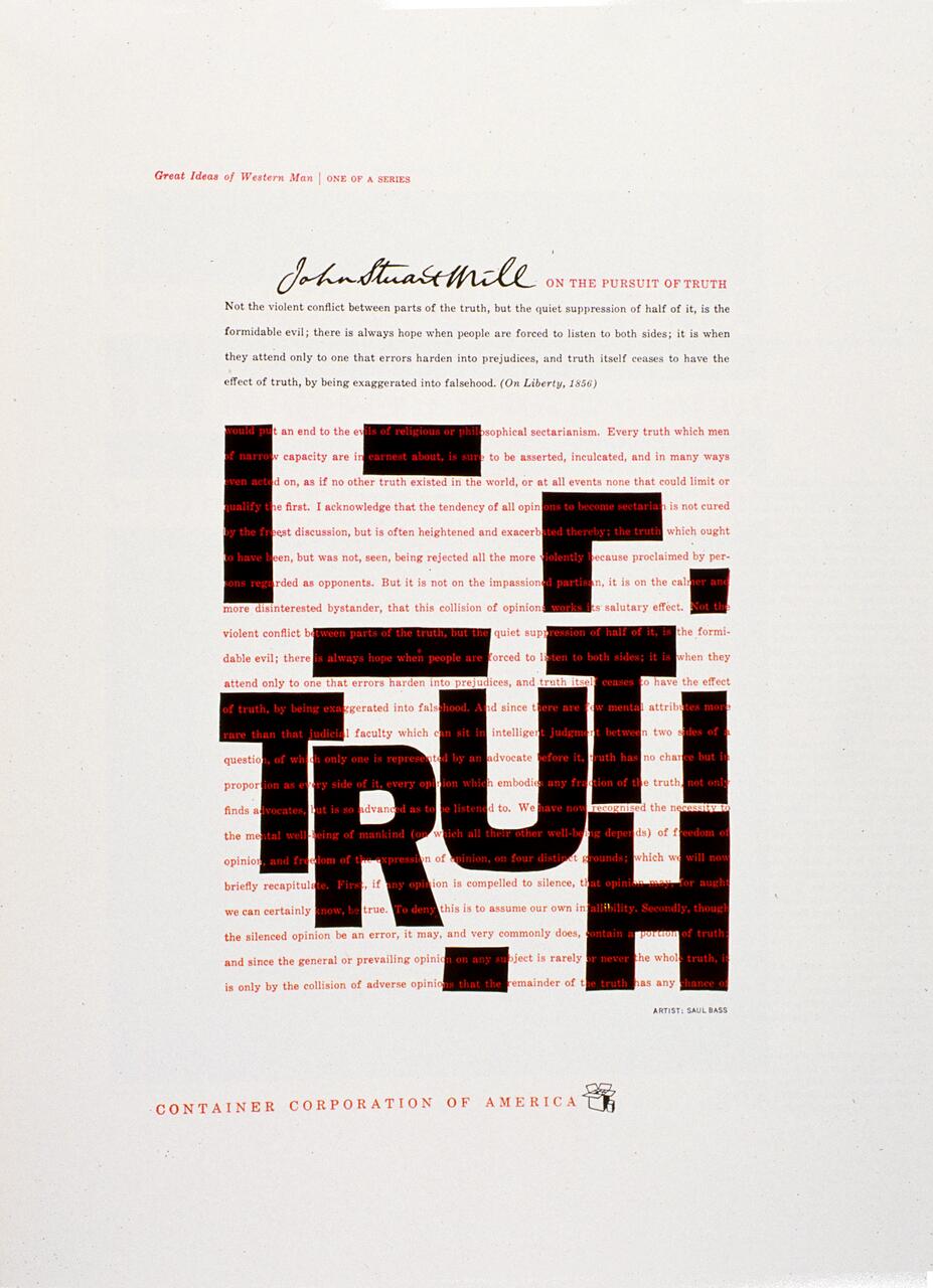 Text-heavy graphic with blacked-out sections highlighting the phrase "LET TRUTH" on philosophical dissent, featuring a quote by John Stuart Mill. The text is about the importance of listening to diverse opinions for truth. Container Corporation of America logo at the bottom.